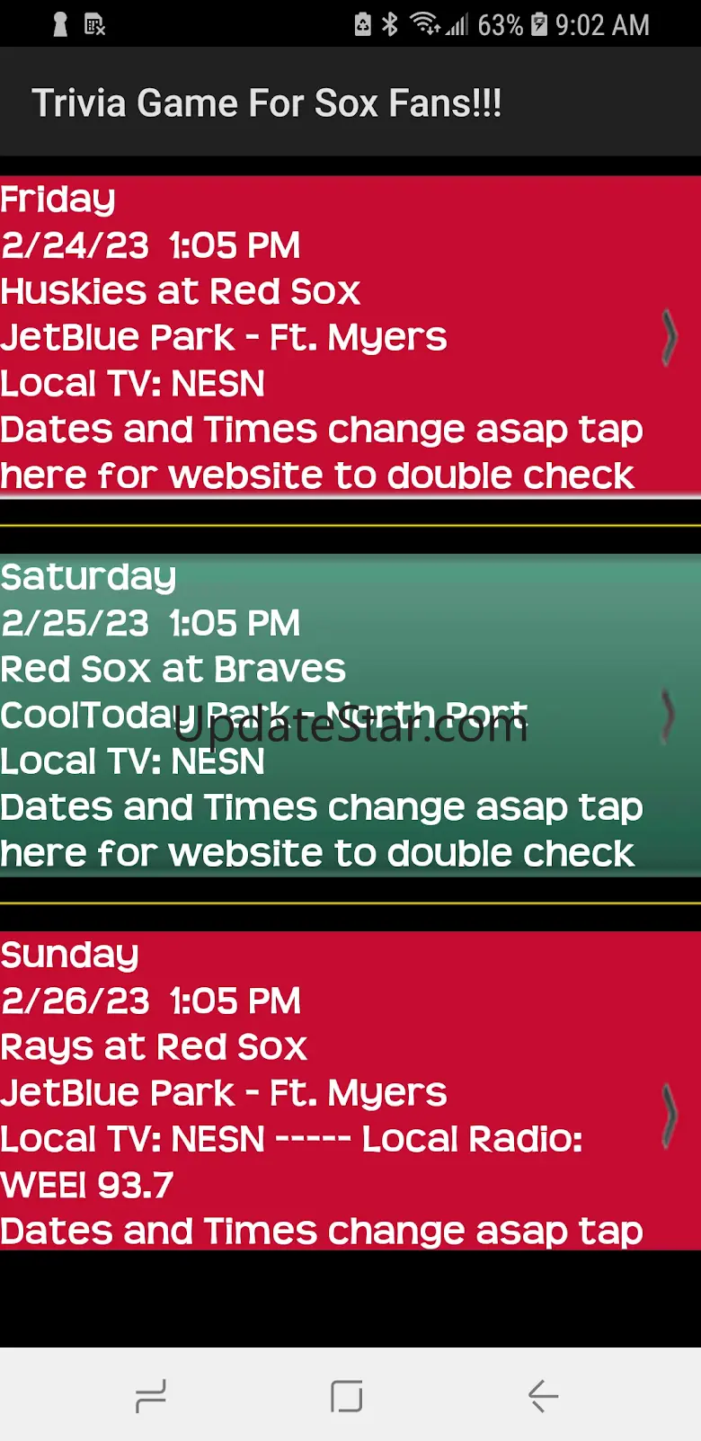 Trivia & Schedule for Sox fans V101