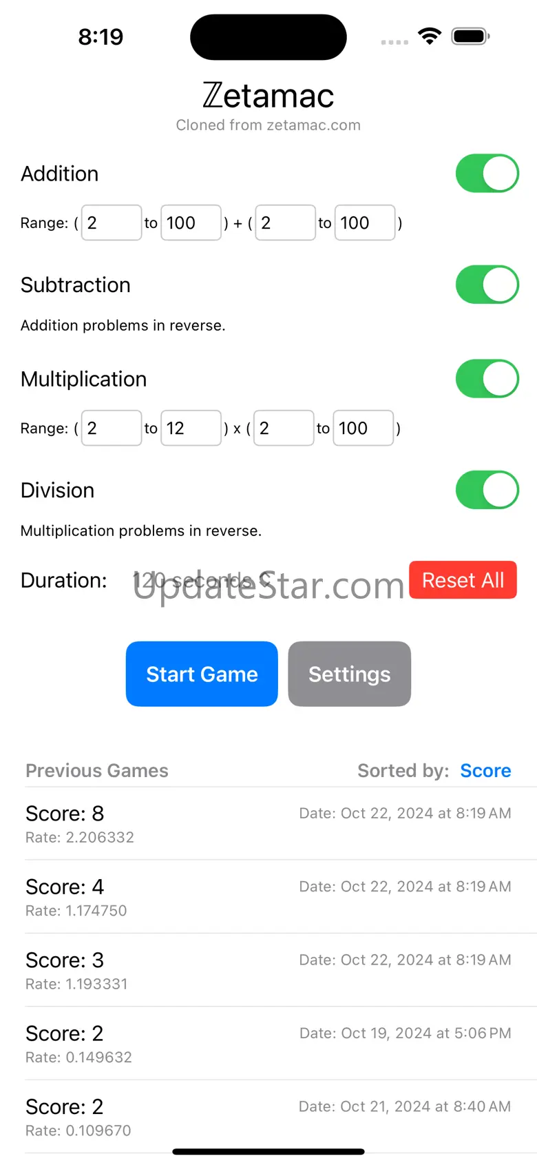 Zetamac Arithmetic Practice 1.1.0
