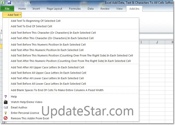 Excel Add Data, Text & Characters To All Cells Software 7.0