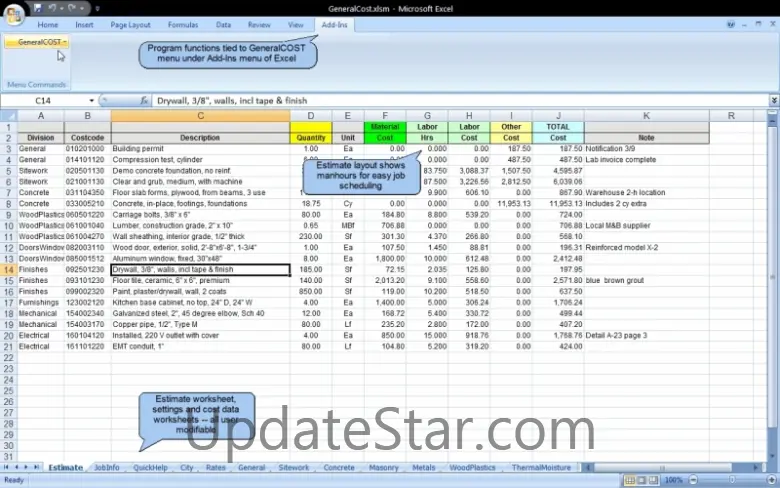 GeneralCOST Estimator for Excel 18.0