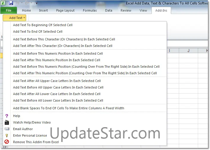 Excel Add Data, Text & Characters To All Cells Software 7.0