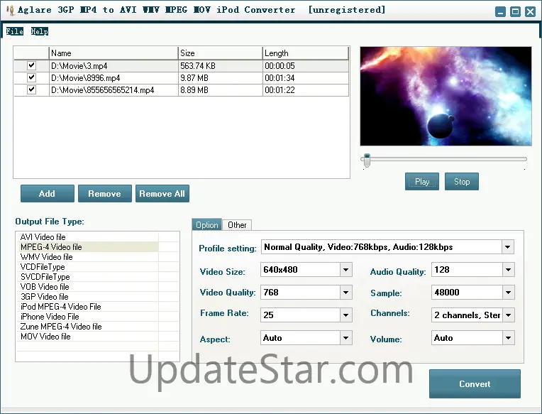 Aglare 3GP MP4 to AVI WMV MPEG MOV iPod Converter