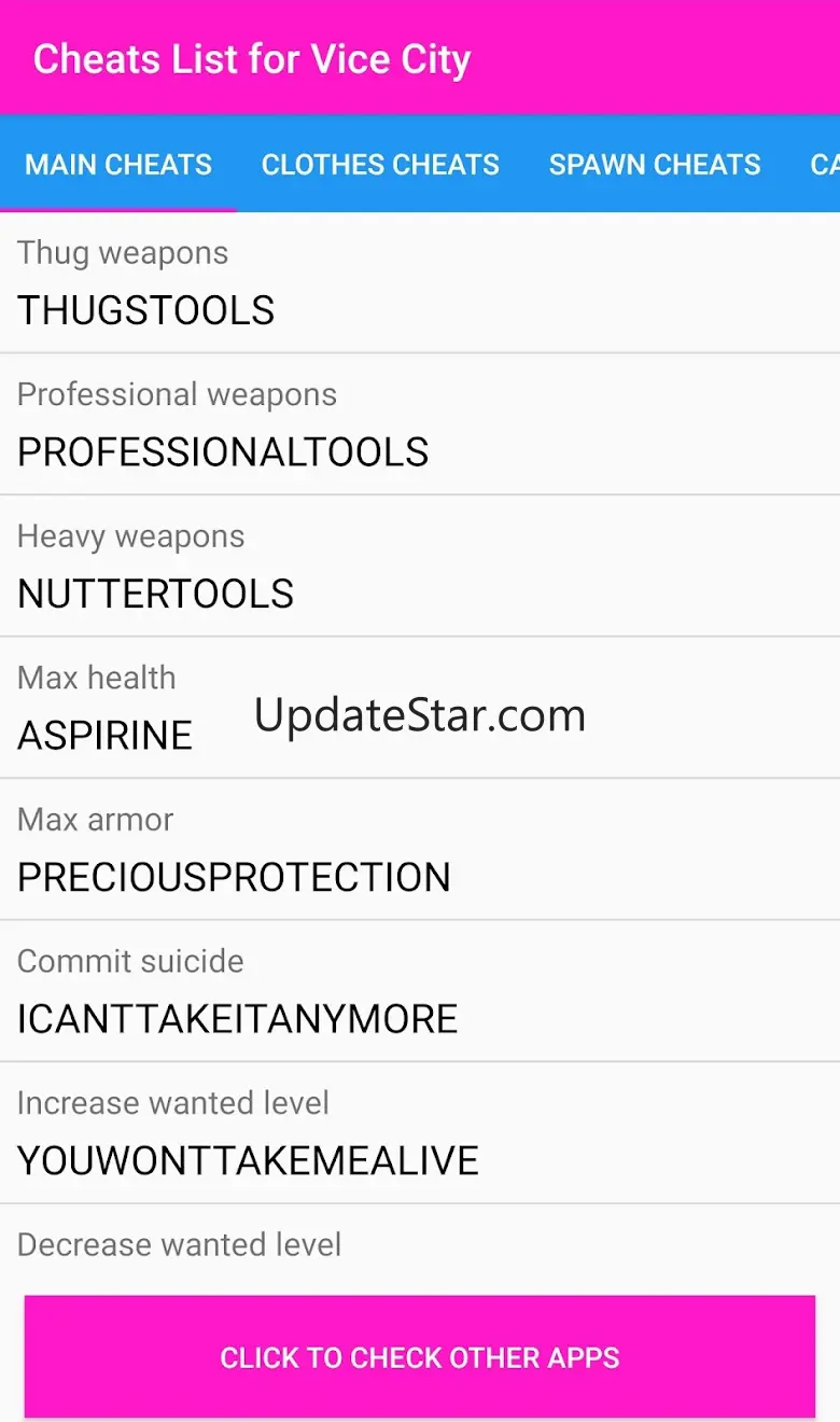 Cheat Codes List for V City 2.1