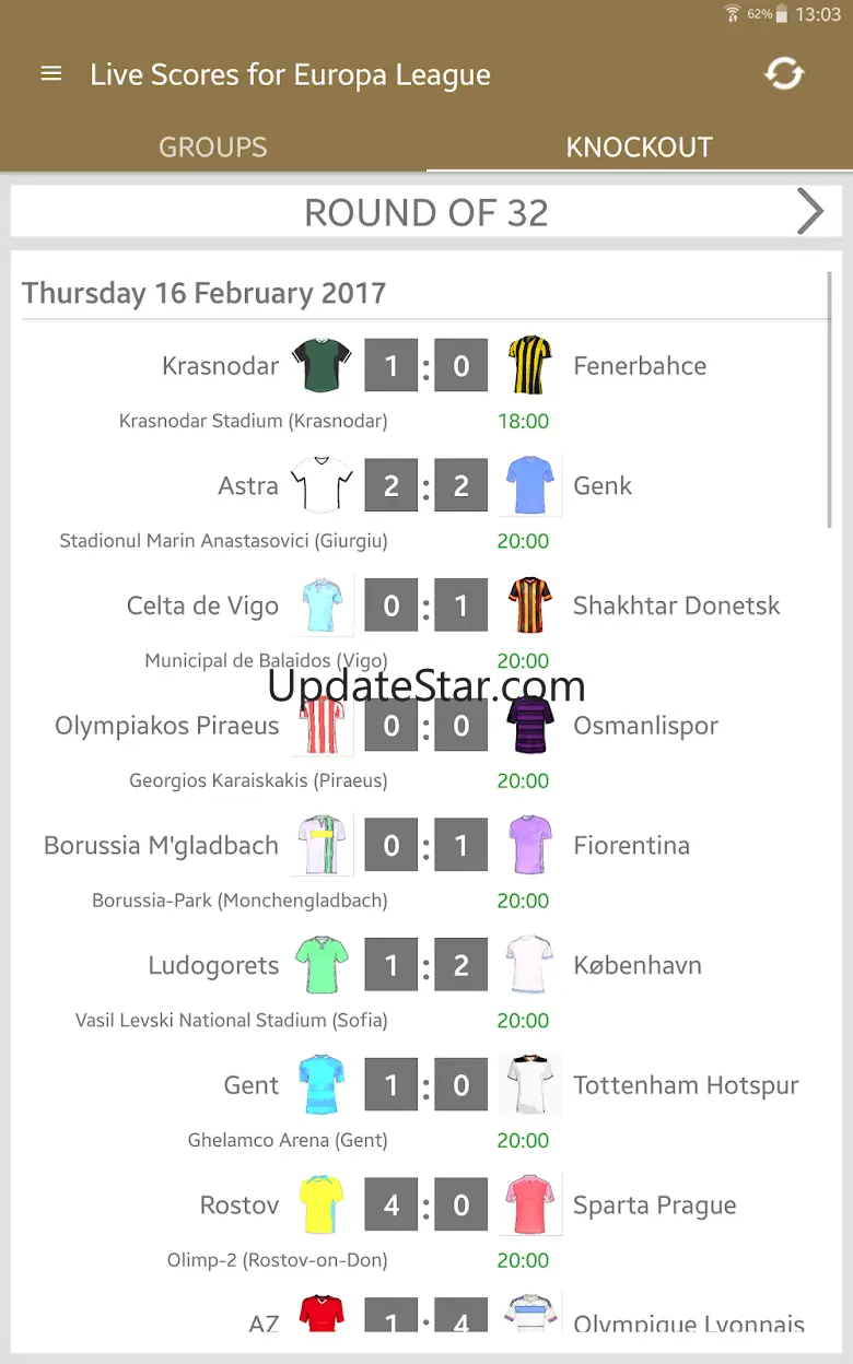 Live Scores for Europa League 2.2.4